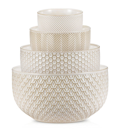 KooK Ceramic Mixing Bowls, Nesting Set of 4, Embossed Kitchen Dishware, Prep, Serving, Gift, Microwave and Dishwasher Safe, 20/44/98/145 oz, Narbonne Collection (Ivory)
