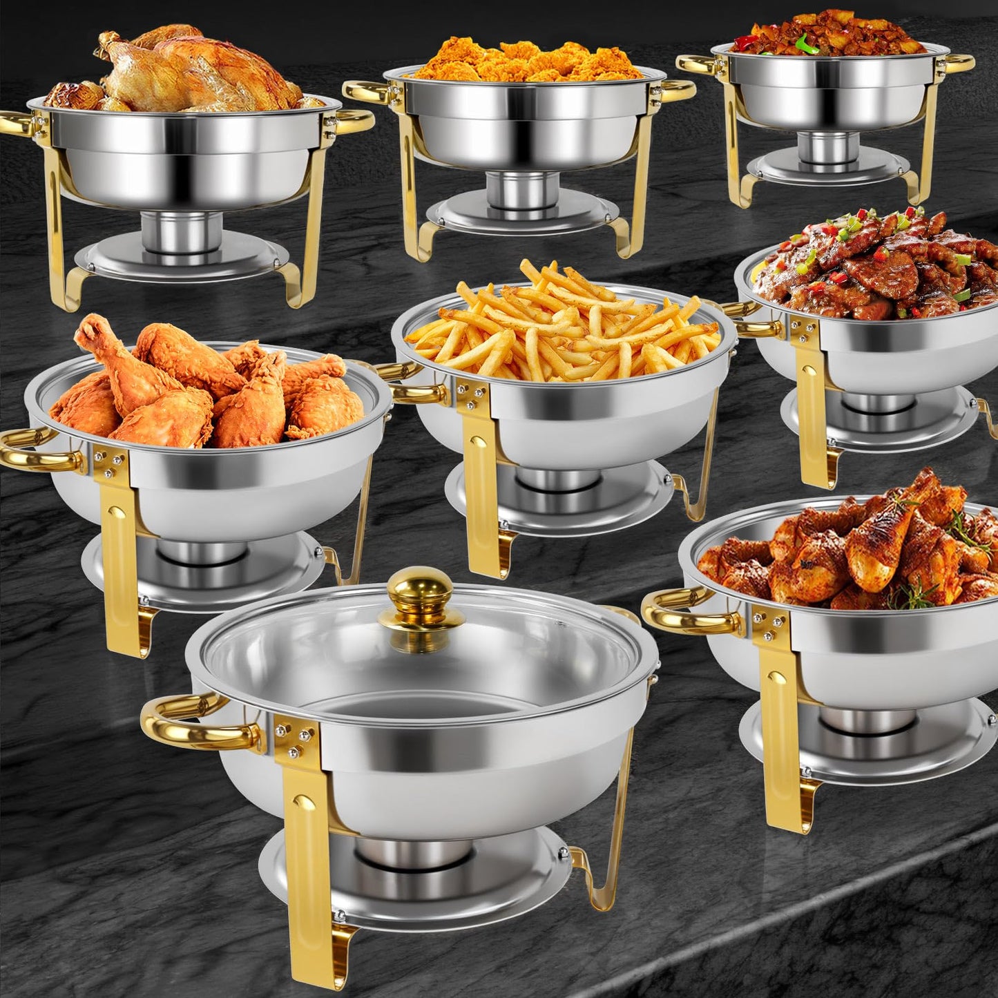 PRlJESSE 6QT Chafing Dishes for Buffet Set, Gold Round Chafing Dish Buffet Set with Glass Lid, chafers and Buffet Warmers Sets, Serving Food Warmer for Parties, Buffet (8 Pack)