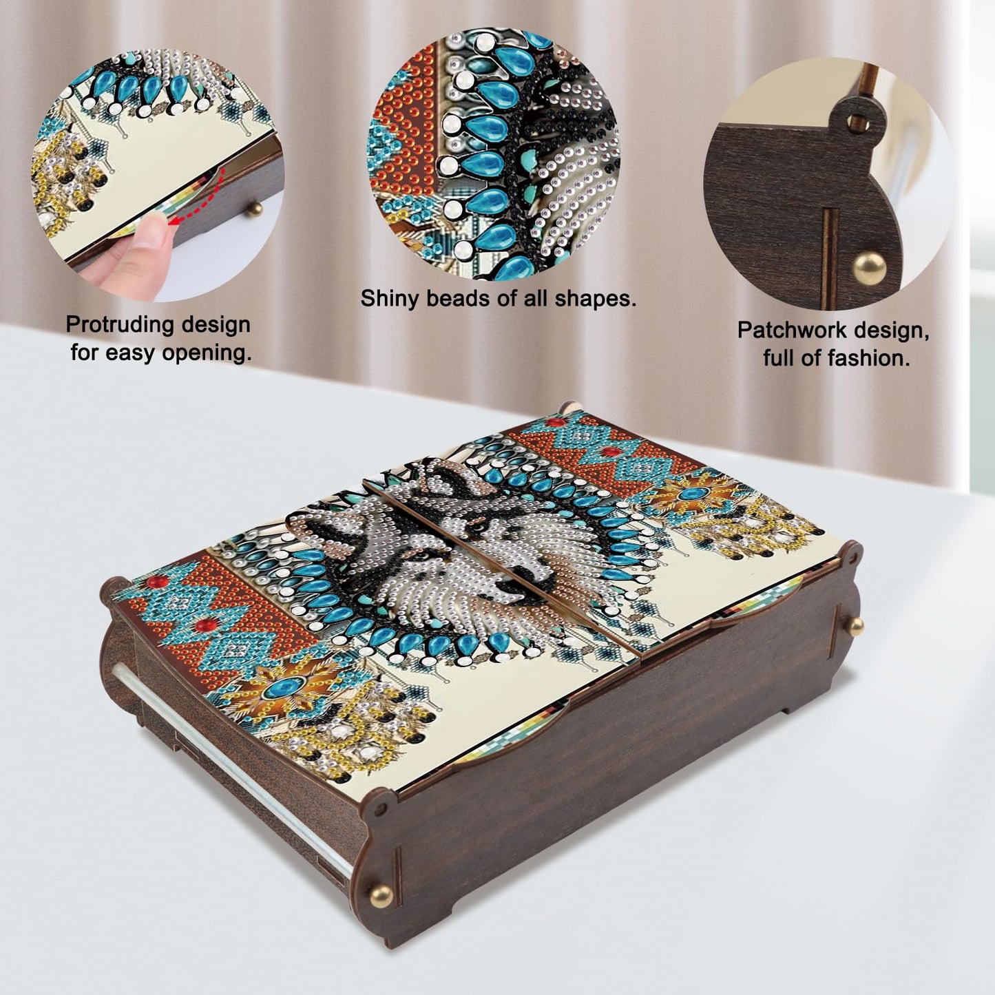 JZHYOAN Diamond Painting Wooden Storage Box, DIY Special Shaped Diamond Art Decorative Organizer with Wolf Head Pattern, Handmade Art Desktop Decorations Birthday Gifts for Home Office Adult