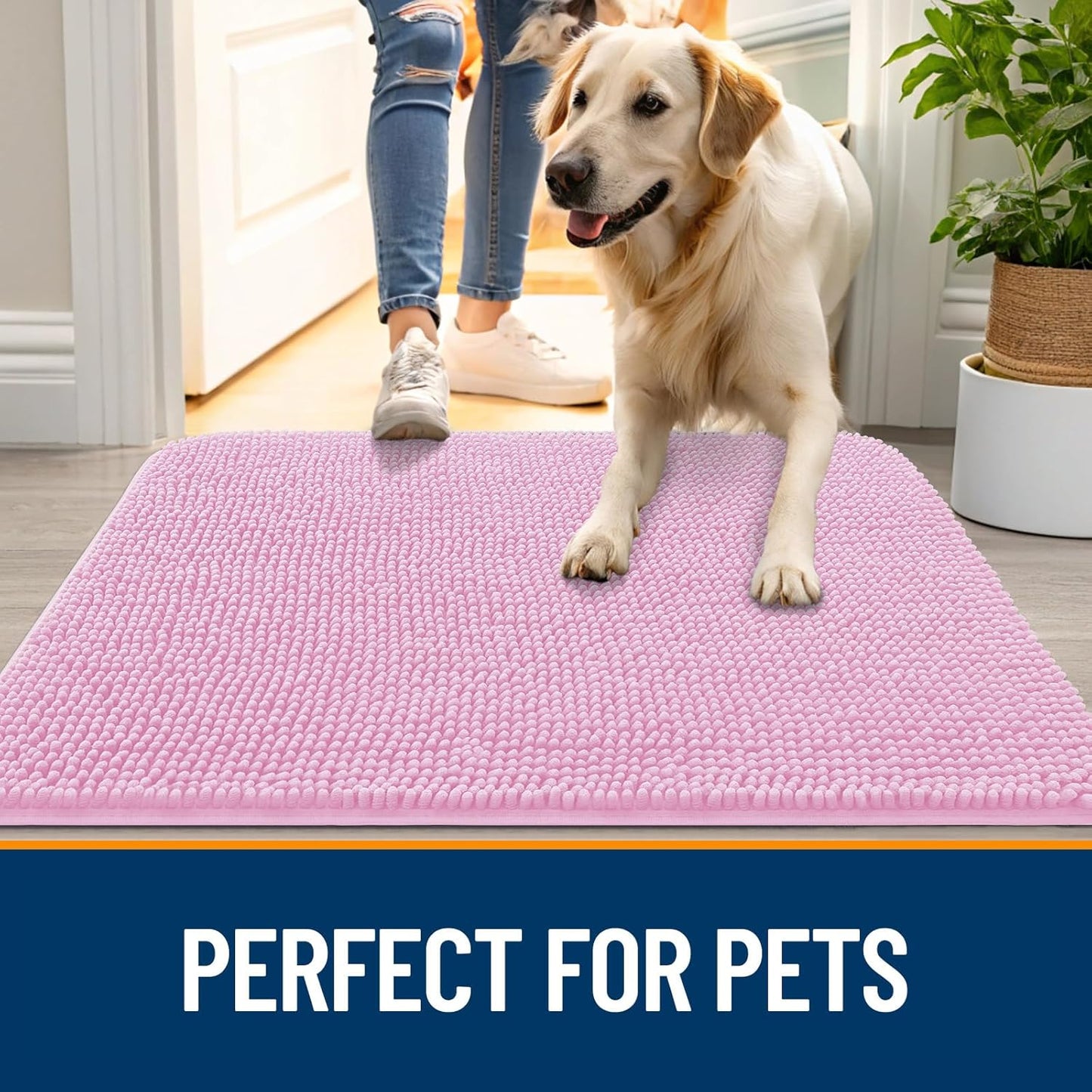 OLANLY Dog Door Mat - Absorbent Non-Slip Mud Mat for Indoor Use | Quick Dry Chenille, 50x30, Pink