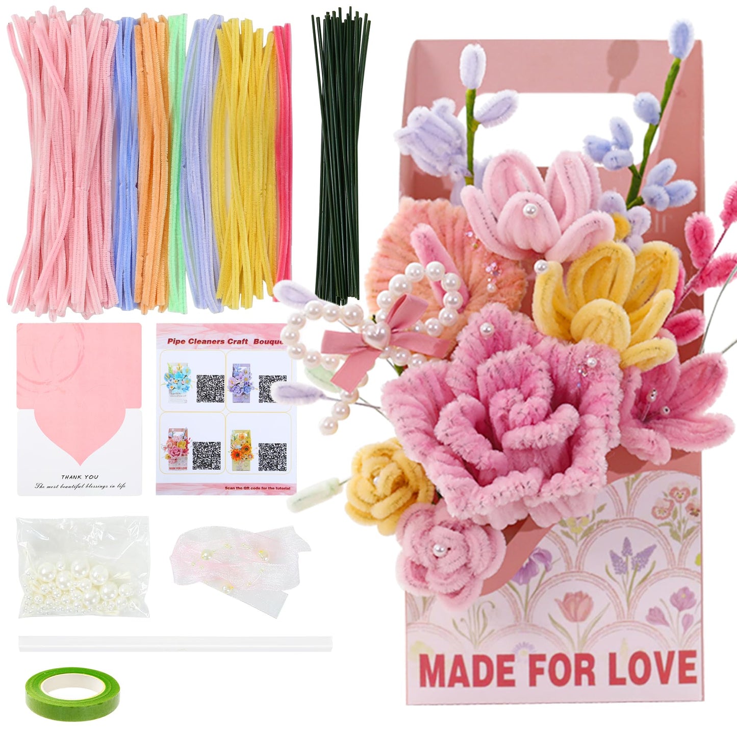 ERNTRNL Pipe Cleaners Craft - Pipe Cleaners Flower Bouquet Supply Kit for Craft Art Project Activity, Birthday Mother’s Day Graduations Anniversaries Gifts