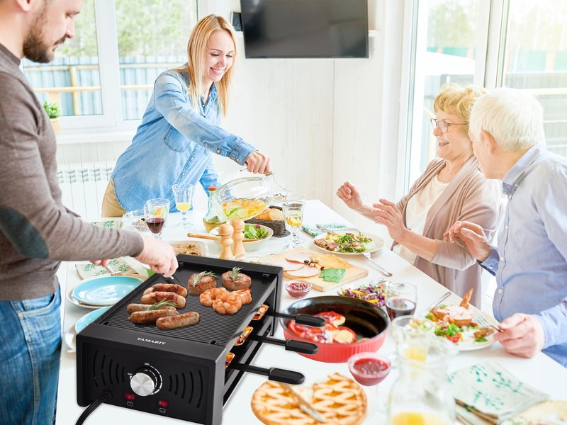 TAMARIT Raclette Party Grill Portable Indoor Electric Korean BBQ Grill 2 in 1 Raclette Table Griddle with Nonstick Coating Plate 4 Pizza Pans 8 Cheese Trays Upper and Lower Heater, PFAS-No