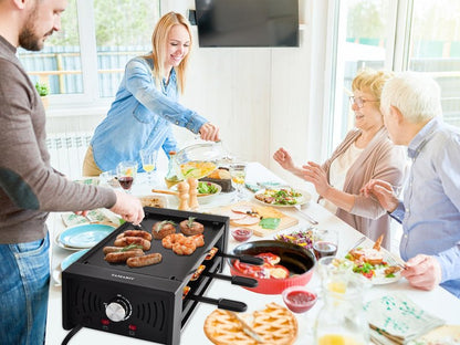 TAMARIT Raclette Party Grill Portable Indoor Electric Korean BBQ Grill 2 in 1 Raclette Table Griddle with Nonstick Coating Plate 4 Pizza Pans 8 Cheese Trays Upper and Lower Heater, PFAS-No