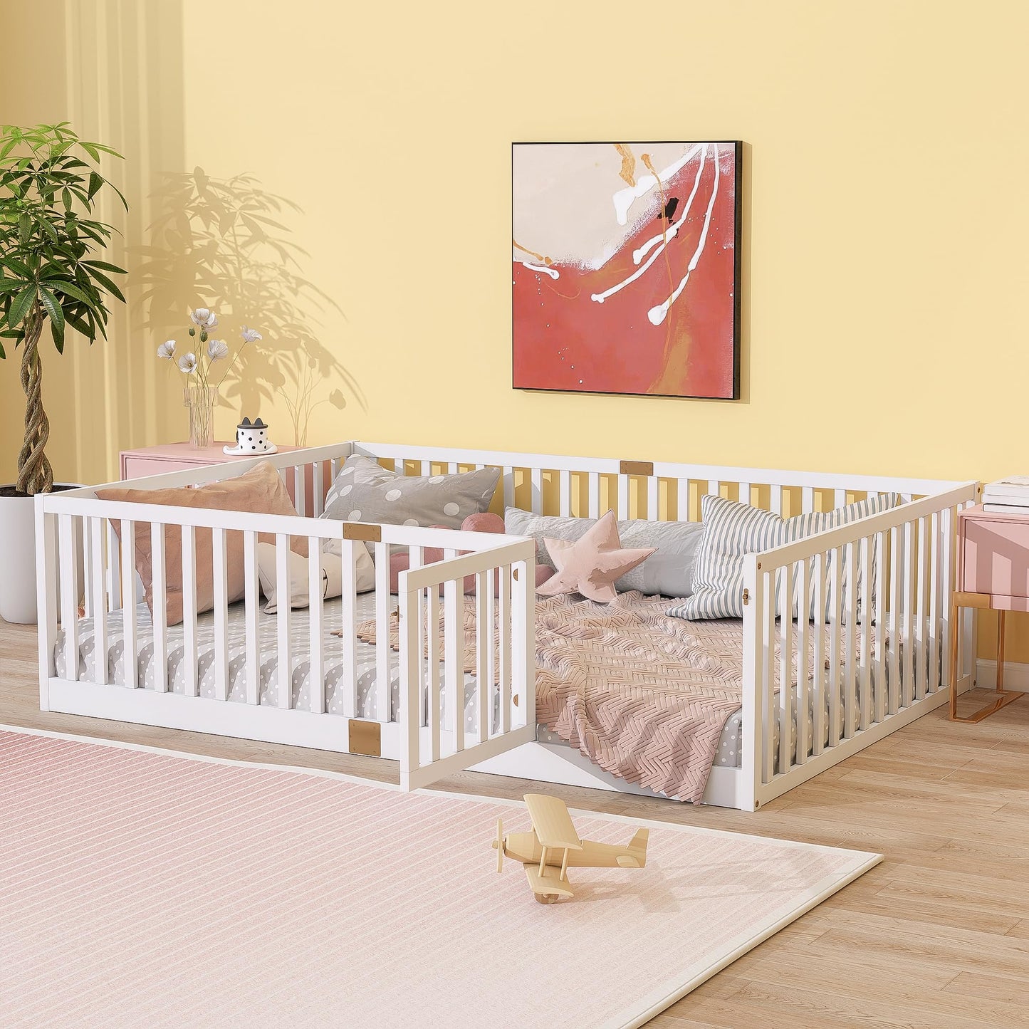 KEIKI Full Floor Bed with 21.5" Safety Guardrails & Door, Kids Floor Bed Frame with 6 Slats, Solid Wood Montessori Bed for Toddler Bedroom, White