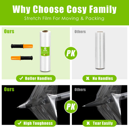 Cosy Family Plastic Wrap Stretch Film Roll - 1000ft 60 Gauge Industrial Strength 15 inch Wide Clear Plastic Wrap Roll with Handles for Pallet Wrapping Shipping Moving - Clear, Pack of 1