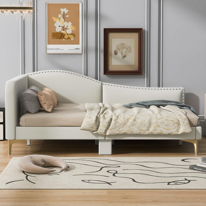 Ball & Cast Full Size Daybed with Golden Metal Legs,Linen Upholstered Daybed Frame with Nailhead Trim and Wood Slat Support,No Box Spring Needed,Beige