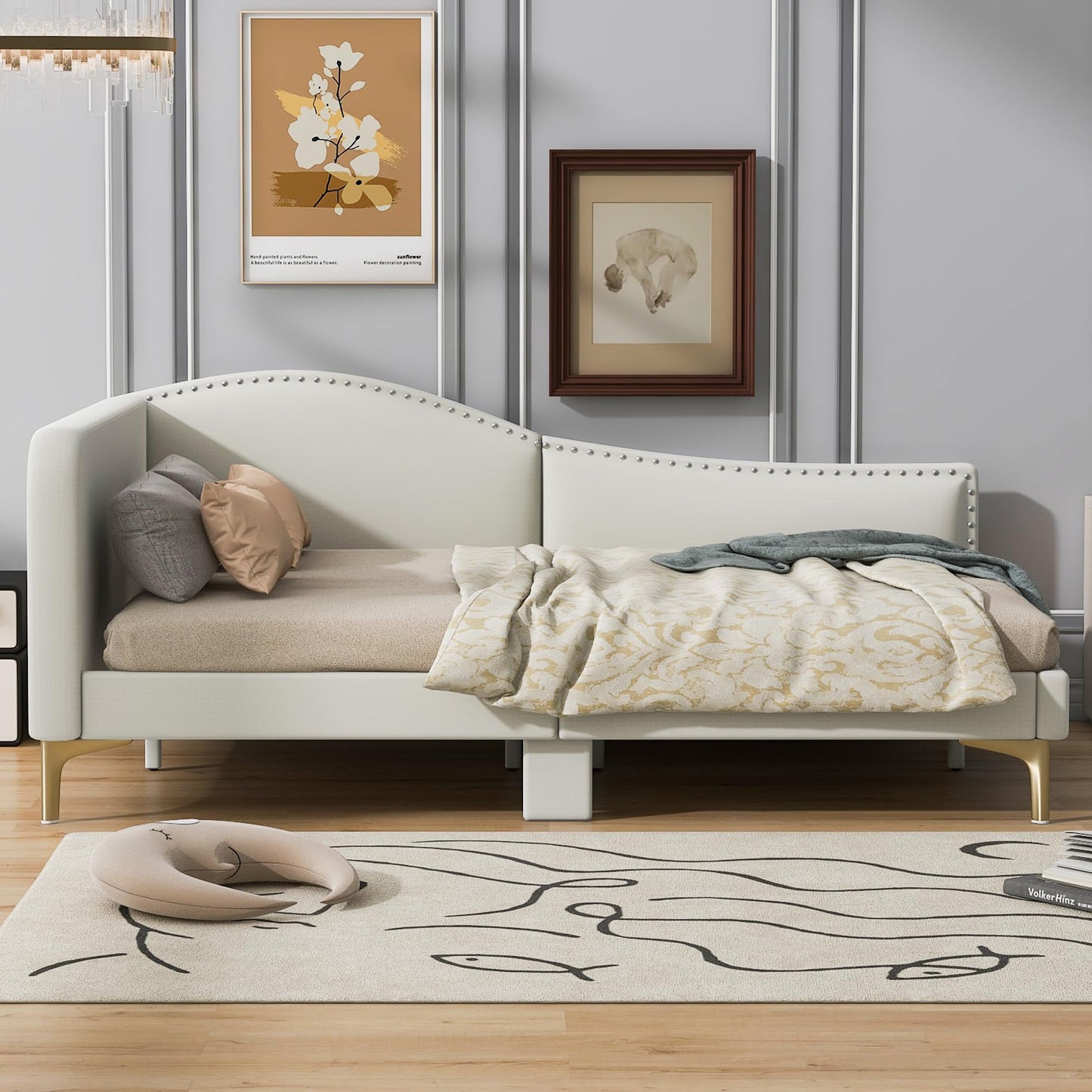 Full Size Upholstered Daybed with Headboard and Armrest, Linen-Finish Bed with Support Legs, Modern Sofa Bed for Guest Rooms, Studio Apartments, or Living Spaces, Sturdy Pine Wood Frame, Beige