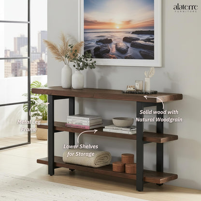 Alaterre Furniture Pomona 3-Tier Solid Wood Media Console Table with 2 Open Shelves and Metal Legs - Rustic Industrial Farmhouse TV Stand and Storage Console (Rustic Brown)