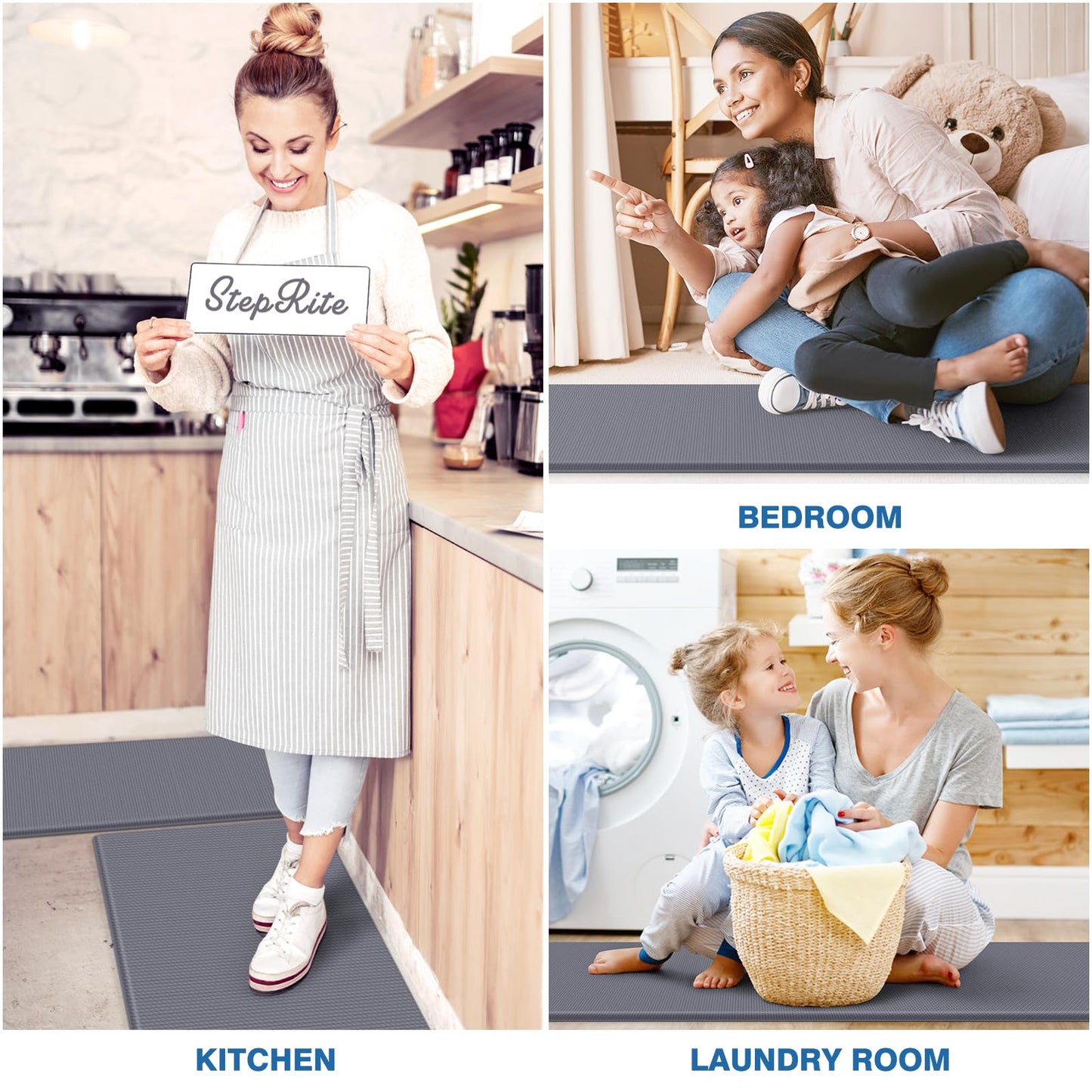 StepRite Kitchen Mats, 2PCS Kitchen Rugs, Cushioned Anti Fatigue Kitchen Mats for Floor, Non-Slip Standing Desk Mat, Waterproof Kitchen Rug Set for Kitchen, Floor, Office, 17.3"x30"+17.3"x47", Grey