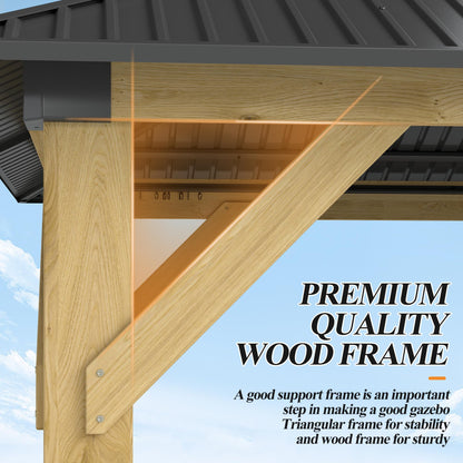GARTOO 10' x 12' Outdoor Wooden Gazebo - Patio Hardtop Gazebo Permanent Wooden Pavilion with Galvanized Steel Double Roof, Wood Gazebos with Privacy Curtains and Netting for Garden, Lawn, Backyard
