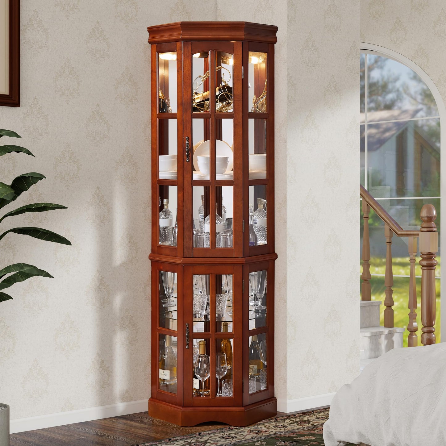 Corner Curio Cabinet with Lighting System, Adjustable Tempered Glass Shelves and Acrylic Mirror Back for Display, Compact Corner China Cabinet for Living Room (E26 Bulb Not Included) (Dark Walnut)