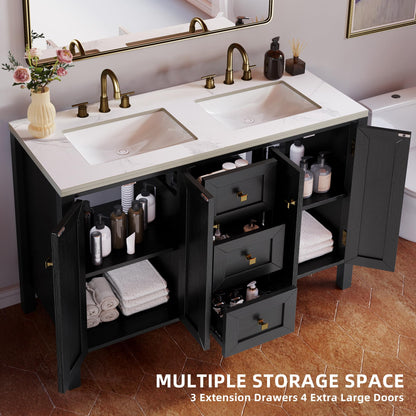 DWVO 47 Inch Bathroom Vanity with Double Sink, Retro Bathroom Storage Cabinet with Sintered Stone Countertop, Six Holes, 4 Doors & 3 Drawers