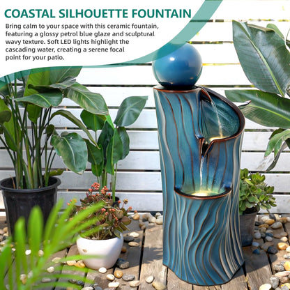 Ultym 32" H Ceramic Outdoor Water Fountain with Lights, Art Sphere Fountains for Outside, Soothing Cascading Waterfalls for Relaxing Garden Patio Yard or Porch Decor, Turquoise, Dynamic Wave-Texture