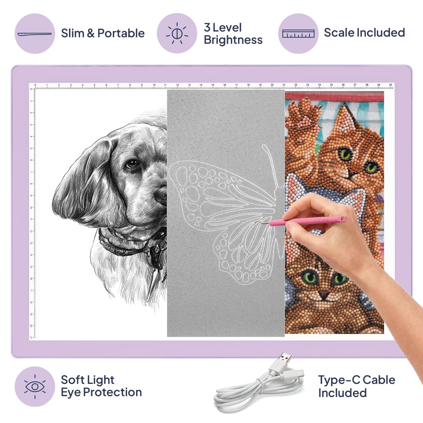 iVyne Corded Light Pad for Weeding Vinyl - A4 Light Box for Drawing - Light Board for Tracing - Light Box for Diamond Painting, Weeding Vinyl, Sketching, Tracing (Purple)