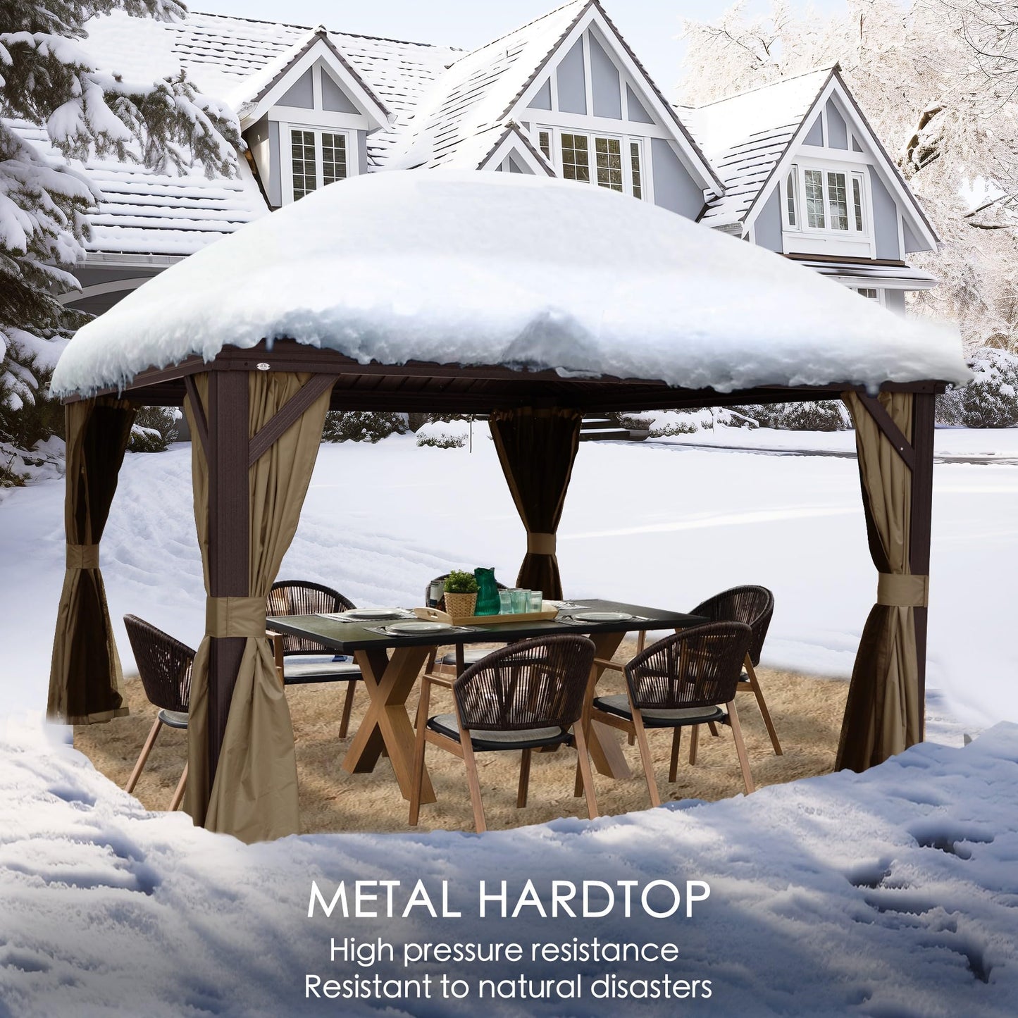 Kozyard Alexander 10' x 12' Hardtop Gazebo, Aluminum Frame with Galvanized Steel Double Roof, Outdoor Permanent Pavilion with Curtains and Netting for Patio, Backyard, Deck, Lawn(Brown)