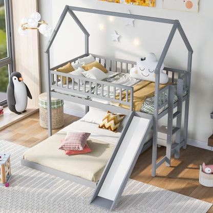 Bellemave Twin Over Full Bunk Bed with Slide and Built-in Ladder, House Shaped Solid Wood Bunk Beds with Full-Length Guardrail for Kids,Teens, Adults, No Box Spring Required, Gray