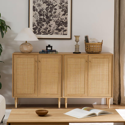MoomJiee Rattan Door Storage Cabinet with Adjustable Shelves, Set of 2 New Wood Buffet Cabinet with Magnetic Design, Large Buffet Sideboard for Kitchen Living Room, Natural Oak