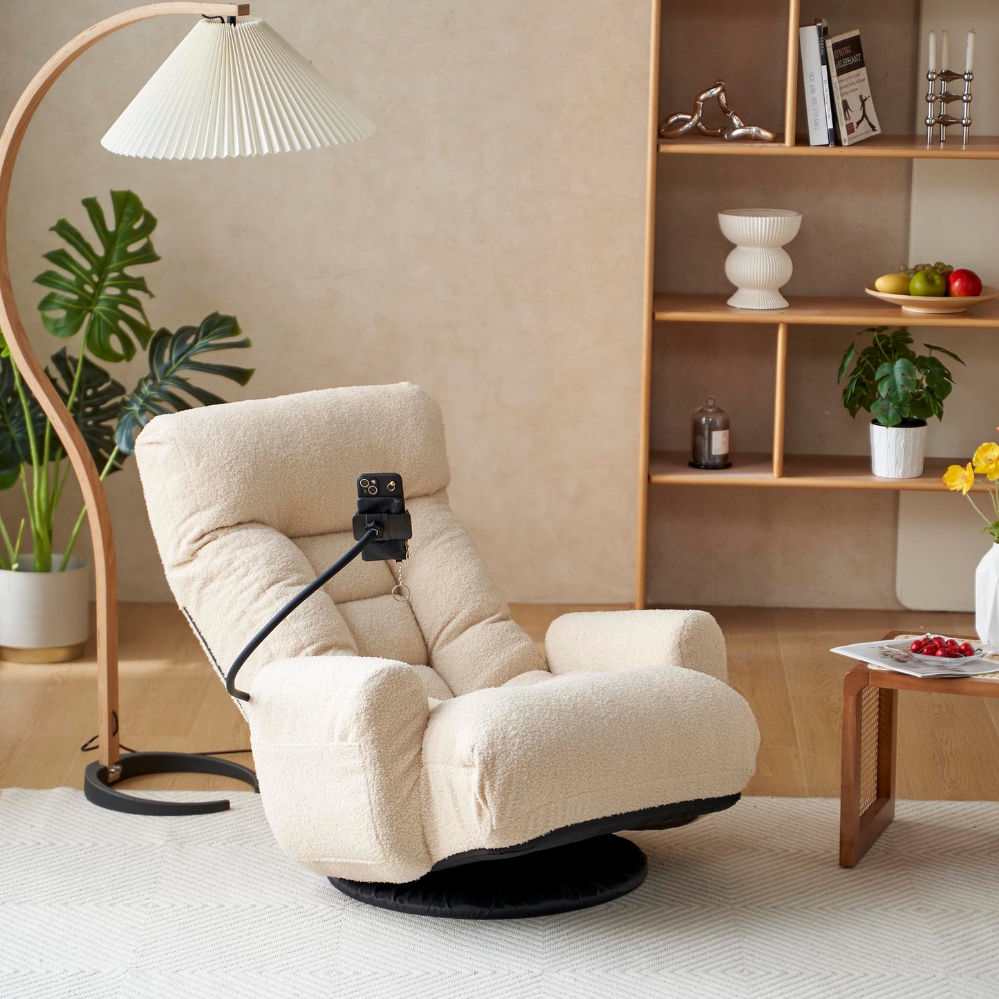KEIKI Adjustable Swivel Accent Chair with Phone Holder, 360° Rotatable Sofa Chair with 5-Position Recline, Upholstered Single Sofa Chair for Living Room, Beige