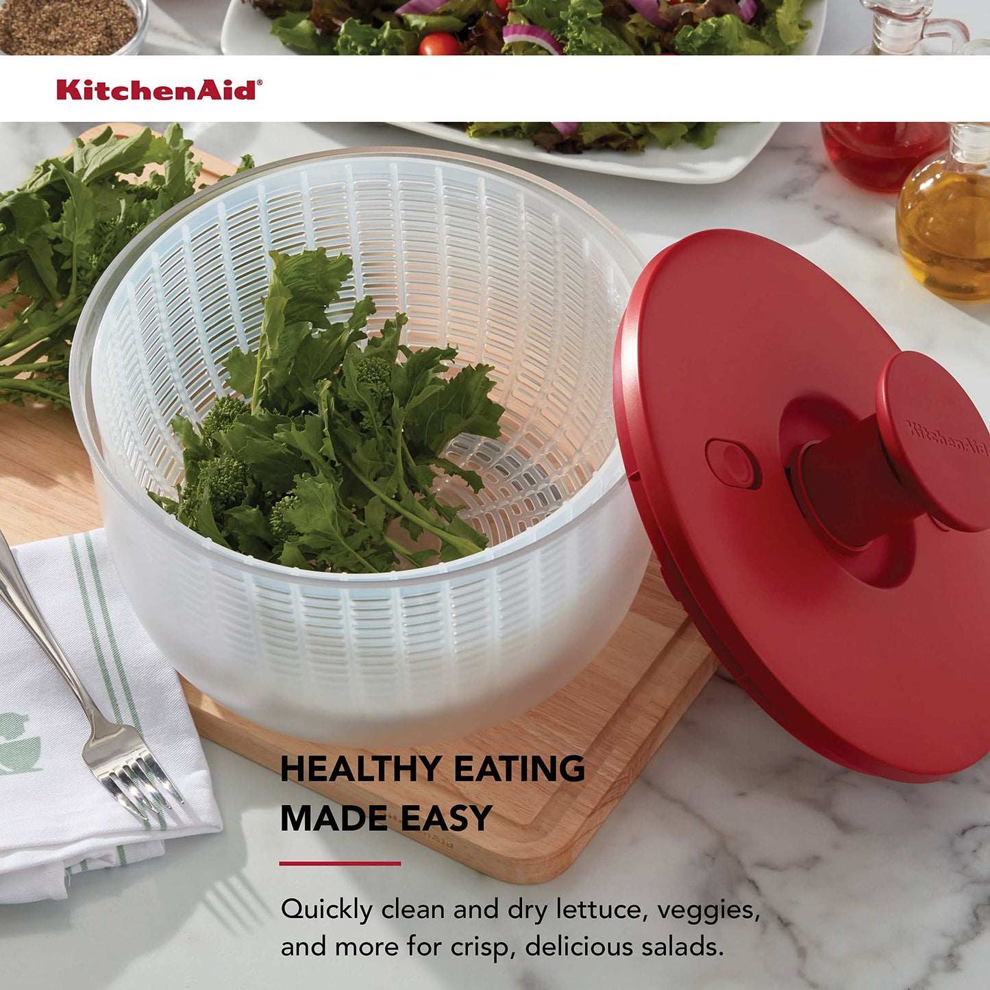 KitchenAid Universal Salad Spinner with Removable Bowl, Colander and One Handed Pump Mechanism, Large Bowl Nests and Features Non Slip Base, 7.43 Quart, Empire Red