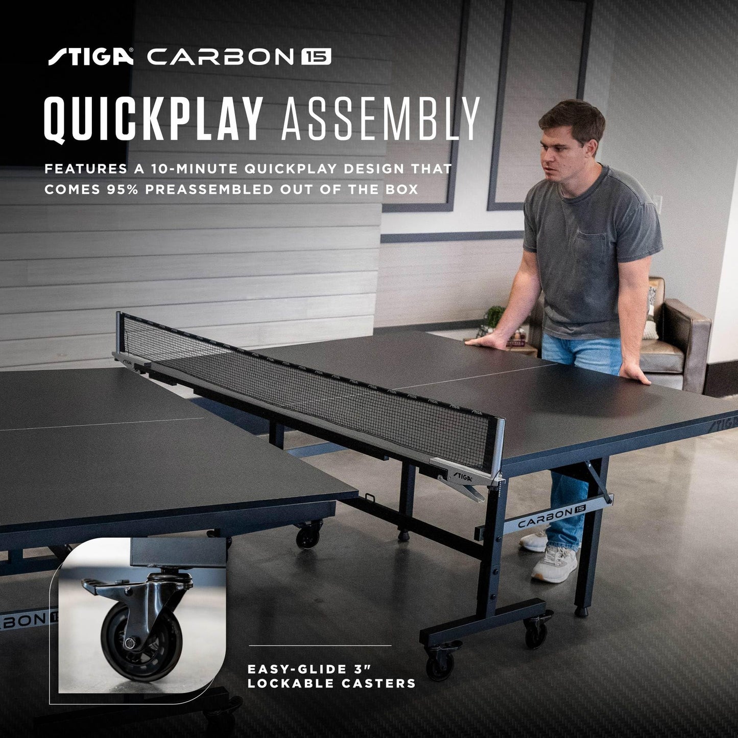 STIGA Carbon Series Indoor Ping Pong Tables with 15mm - 18mm Performance Top, QuickPlay Assembly, Built-in Ball Storage, Foldable Playback Mode & Lockable Casters