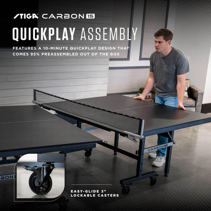 STIGA Carbon Series Indoor Ping Pong Tables with 15mm - 18mm Performance Top, QuickPlay Assembly, Built-in Ball Storage, Foldable Playback Mode & Lockable Casters
