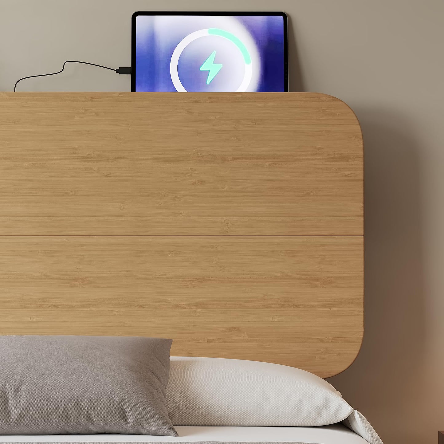 KEIKI Full Size Bamboo Platform Bed with Headboard and USB Ports, Mid-Century Modern Floating Bed Frame with Solid Support Slats, No Box Spring Needed, Easy Assembly, Noise Free, for Bedroom, Natural