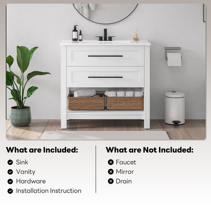 LIKIMIO 36" Bathroom Vanity with Sink, Freestanding Bathroom Vanity with 2 U-Shaped Drawers & Open Shelf, Integrated Ceramic Sink, Modern Bathroom Storage Cabinet, Easy Assembly, White