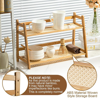 1 2 Countertop (Wood,17.7 Inch) Yalikop Pcs Tier Matcha Station Shelf Bamboo Coffee Mug Stand Storage Rack, Double