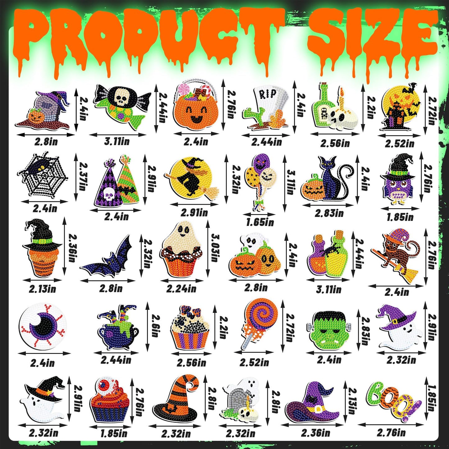 Motipuns 30 Pcs Luminous Halloween Diamond Painting Magnets Kits Glow in The Dark Diamond Art Fridge Magnet Refrigerator Sticker for Beginners Kid Adults Home Decors DIY Art Craft Gifts