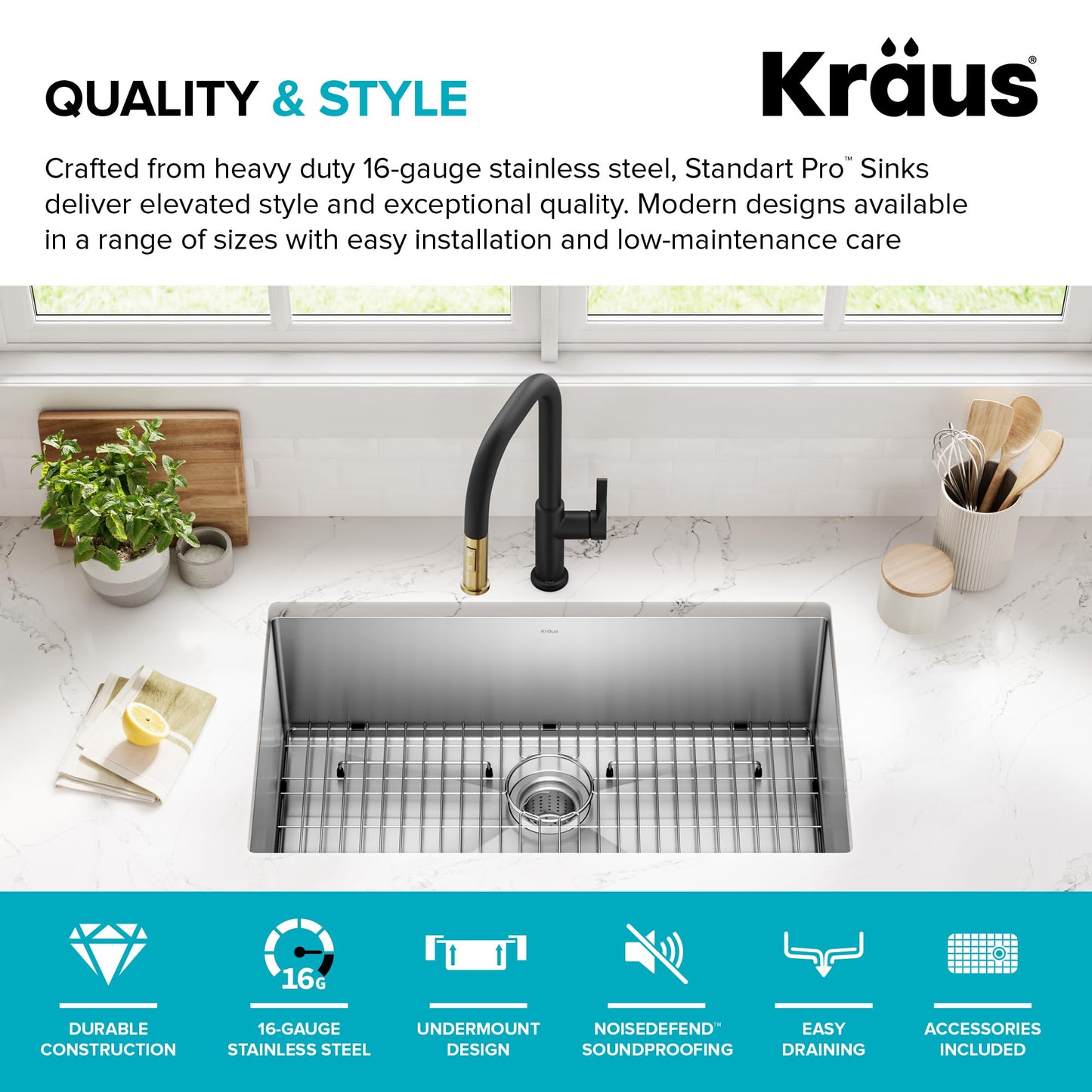 Kraus KHU100-32 Standart PRO 16 Gauge Undermount Single Bowl Stainless Steel Kitchen Sink, 32 Inch