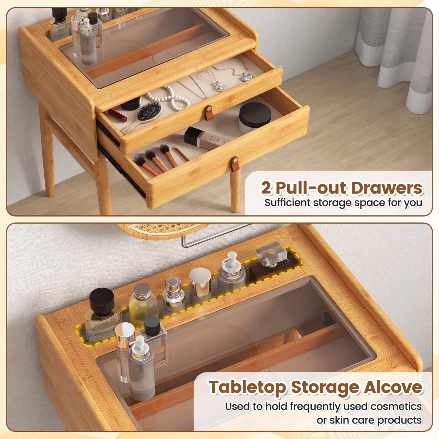 CHEFJOY Boho Vanity Desk with Mirror, Bamboo Makeup Vanity Table & Stool Set with 2 Storage Drawers & Tempered Glass Table Top, Small Dressing Table Set for Bedroom, Living Room