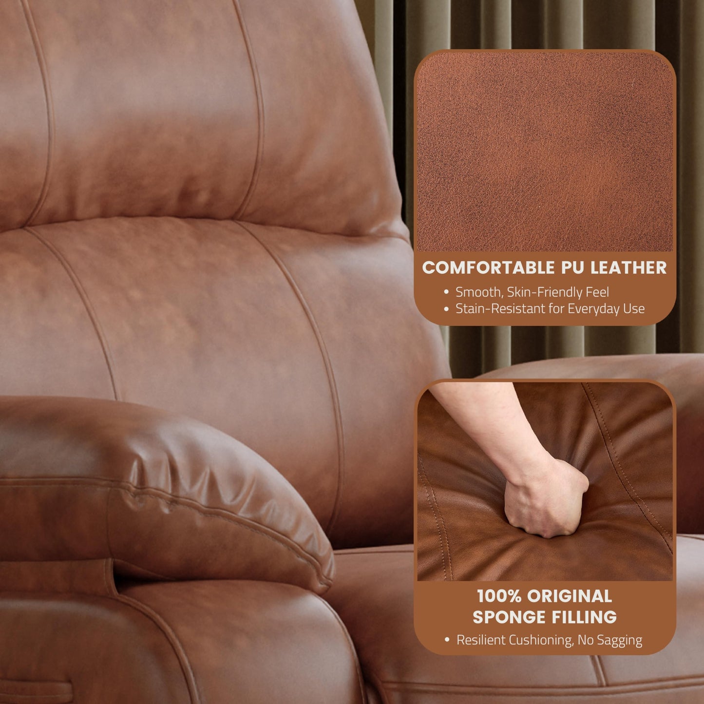 Attalee Leather Swivel Rocker Recliner Chair, Traditional Manual Chair, Upholstered Nursery Glider Rocking Recliner, Comfy Faux Leather Single Sofa with Pocket Spring for Living Room, Camel