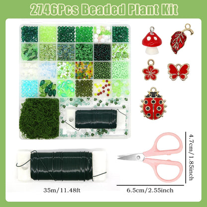 CYUXING 2746Pcs Beaded Plant Kit, Green Glass Beads for DIY Succulent Plants, Craft Beads Set with Ladybug Charm Floral Wire for Home Decor Jewelry Making, Artificial Greenery Supplies