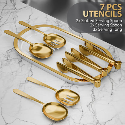 Gold Chafing Dishes for Buffet 4 Pack (7 Pans + Utensils) - 9QT Stainless Steel Chafing Dish Buffet Set - Food Warmers for Parties Buffet - Buffet Servers and Warmers (4 PACK + 7 PANS + 7 UTENSILS)