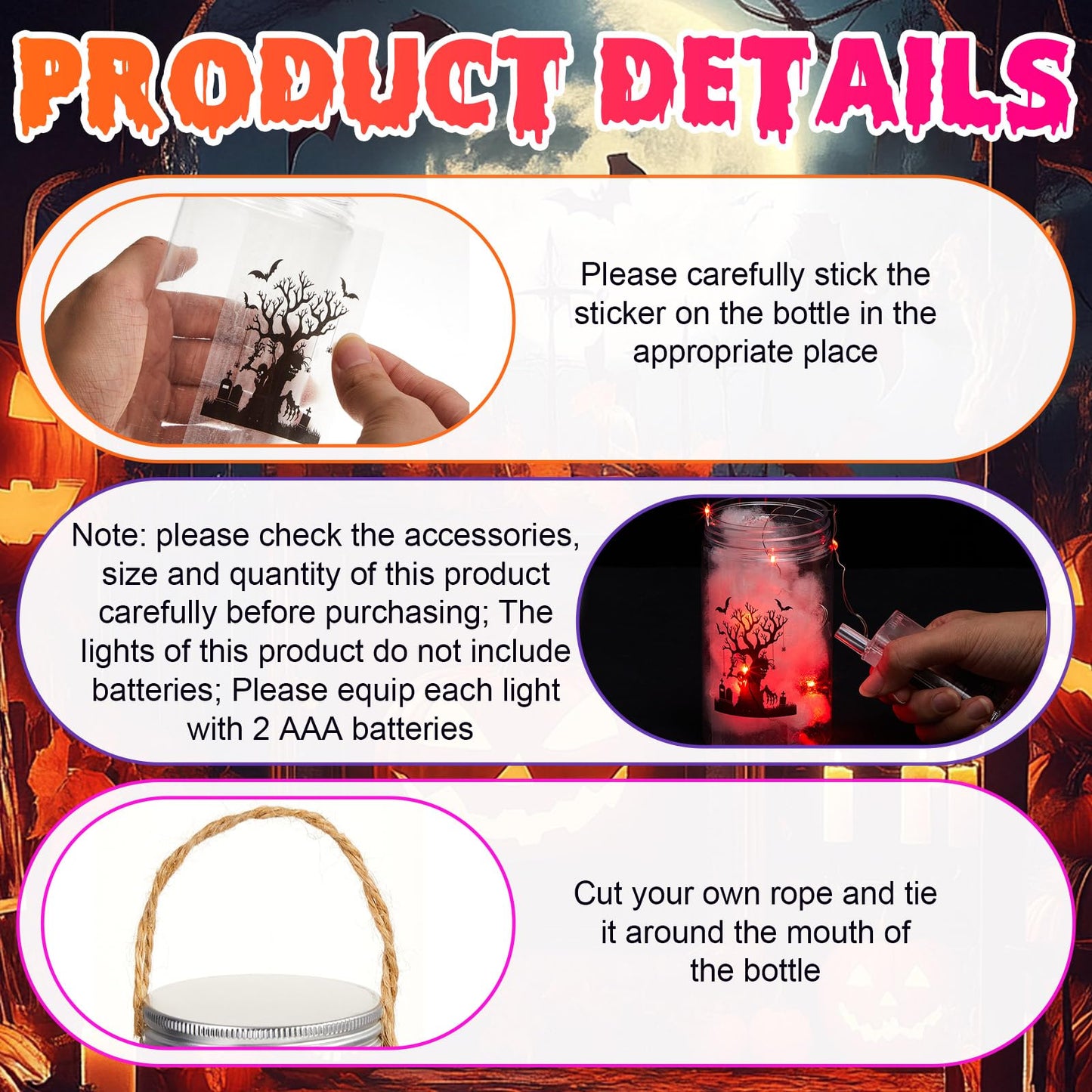 Willinglong 12 Pack Halloween DIY Lantern Jar Halloween Crafts Plastic Jar Craft Kit Decoration Indoor Outdoor Garden Home DIY Art Kit Project for Adult