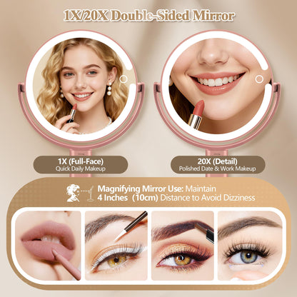 Makeup Mirror with Lights, Double Sided 1x/20x Magnifying Mirror with Light, Rechargeable 3 Color Lights and Adjustable Brightness, 360° Rotation Detachable Comes with Tweezer(Black)