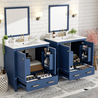 Favfurish 60" Double Bathroom Vanity with Ceramic Sink,Freestading Bathroom Storage Cabinet w/Shelf and Divided Drawers,Soft Close Doors,Separate 2 Bath Vanities Set,Mirror Not Included,Blue