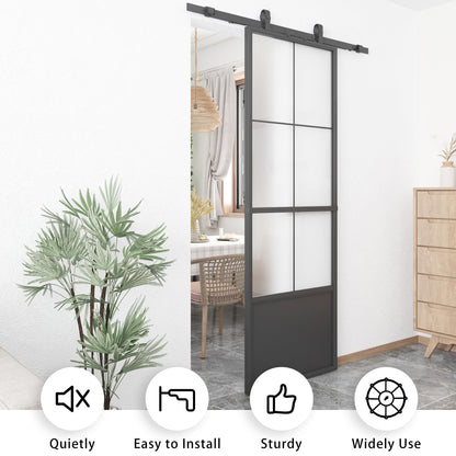 JUBEST 32in x 84in Glass Barn Door, Frosted Tempered Glass Carbon Steel Pre Drilled Frame Sliding Barn Door Panel with 5.5FT Hardware Kit and Soft Close Mechanism