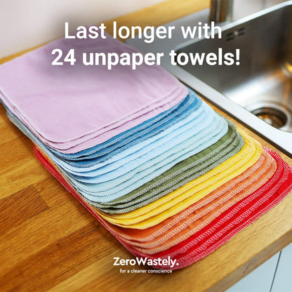 Reusable Paper Towels - Value Pack of 24 Paperless Paper Towels! - 100% Cotton, Super Soft, Absorbent, Washable and Made To Last