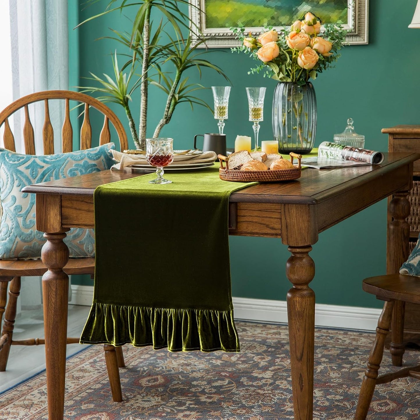 120 Inches Green,14x120 Inch Velvet Table Runner Soft Decorative Luxurious Solid Long Tablecloth with Retro Ruffle