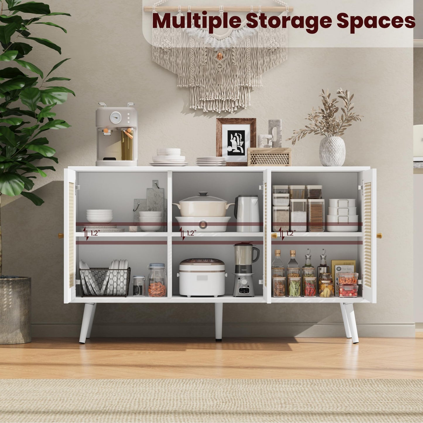 IDEALHOUSE Living Room Table Sets of 2, Includes 47" Rattan TV Stand Storage Cabinet for 55" TV, Farmhouse Coffee Table with Storage Shelf for Bedroom