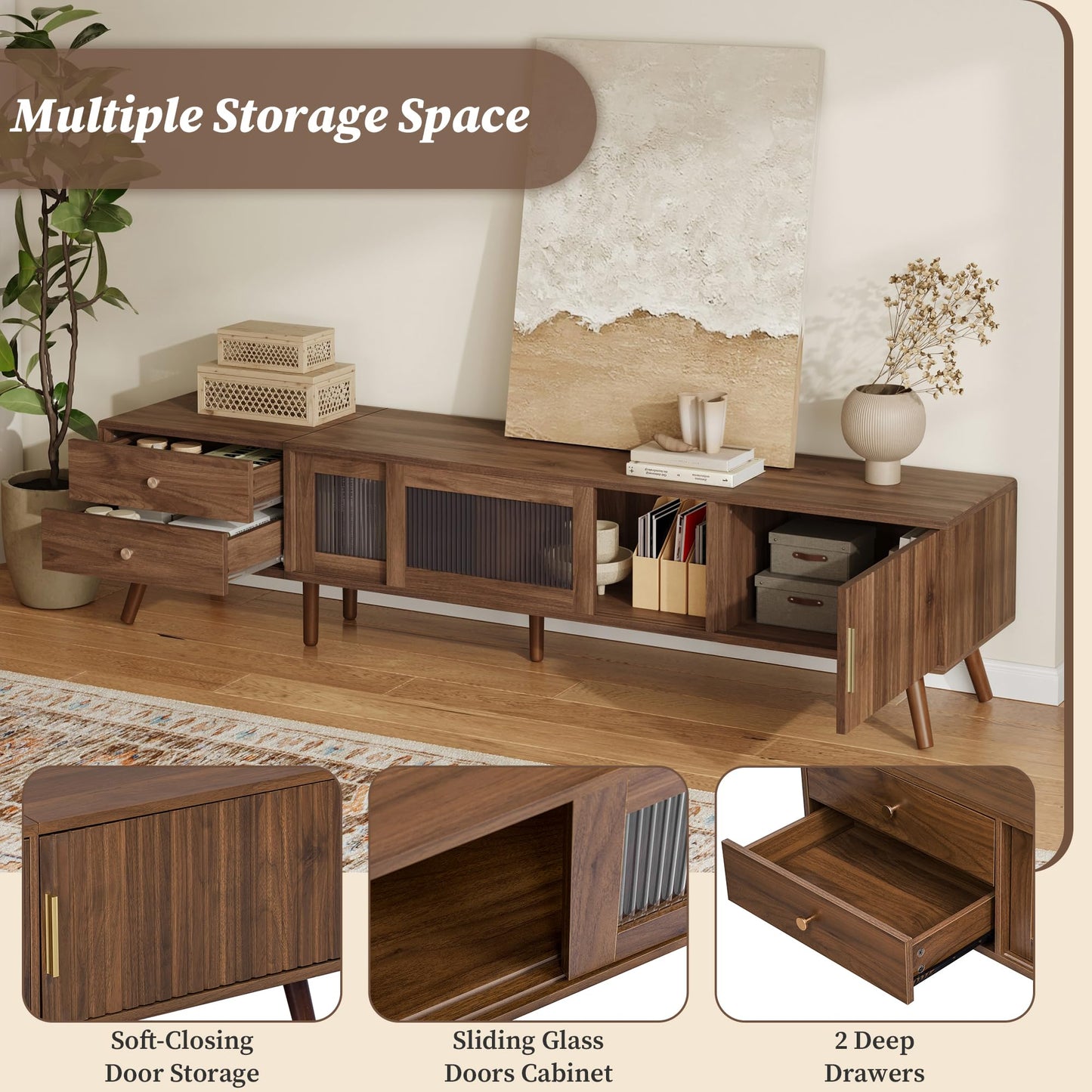 Merax Modern 76 Inch TV Stand for 85 Inch TV, Wood Grain Media Console with Glass Doors, Storage Cabinets & Drawers, Entertainment Center for Living Room Bedroom