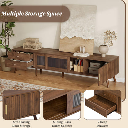 Merax Modern 76 Inch TV Stand for 85 Inch TV, Wood Grain Media Console with Glass Doors, Storage Cabinets & Drawers, Entertainment Center for Living Room Bedroom