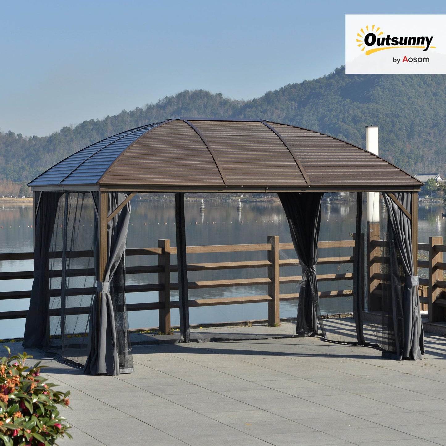 Outsunny 10' x 13' Hardtop Gazebo Canopy with Galvanized Steel Roof, Aluminum Outdoor Pavilion Gazebo with Top Hook, Netting, and Curtains for Patio, Garden, Backyard, Deck, Dark Gray
