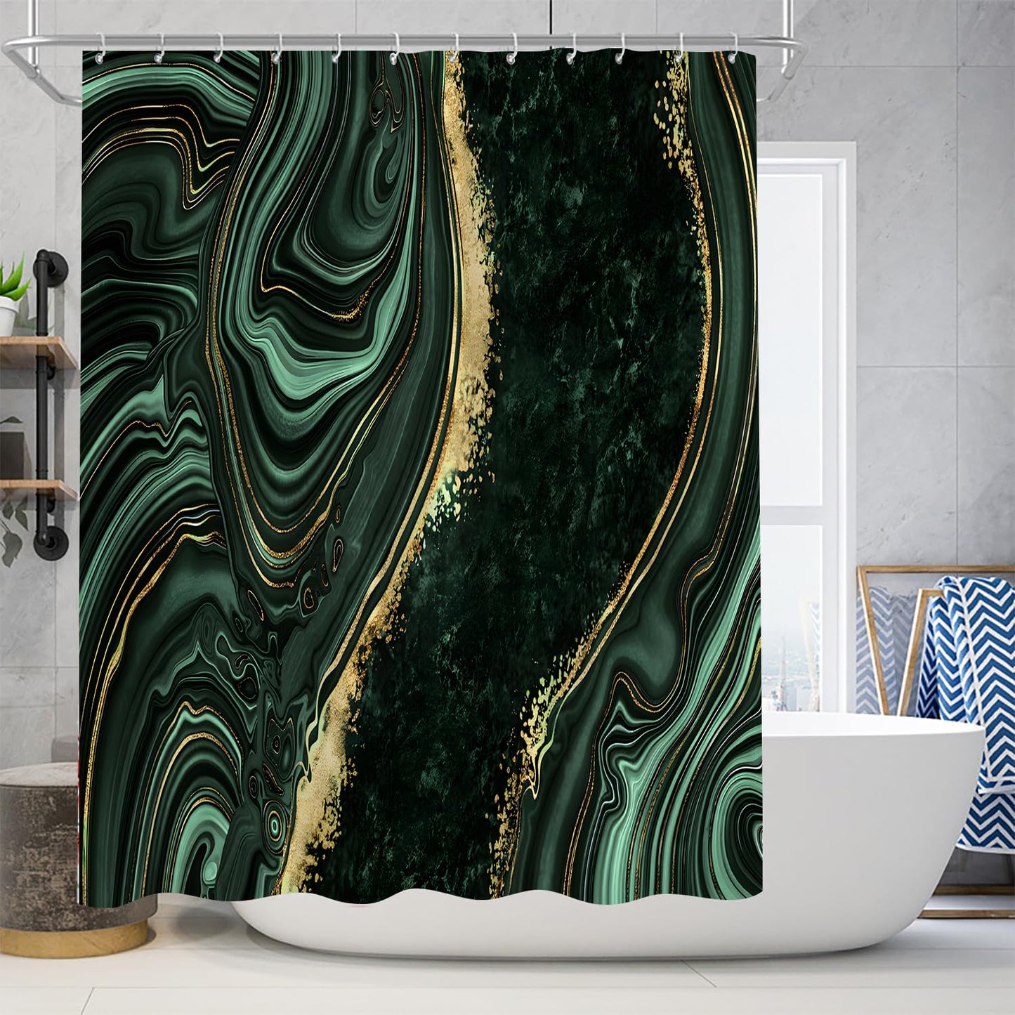 Nkzply 4 Pcs Green Marble Shower Curtain Sets with Rugs Gold Bathroom Sets with Shower Curtain and Rugs Modern Abstract Bathroom Decor Accessories Shower Curtains for Bathroom Toilet Lid Cover
