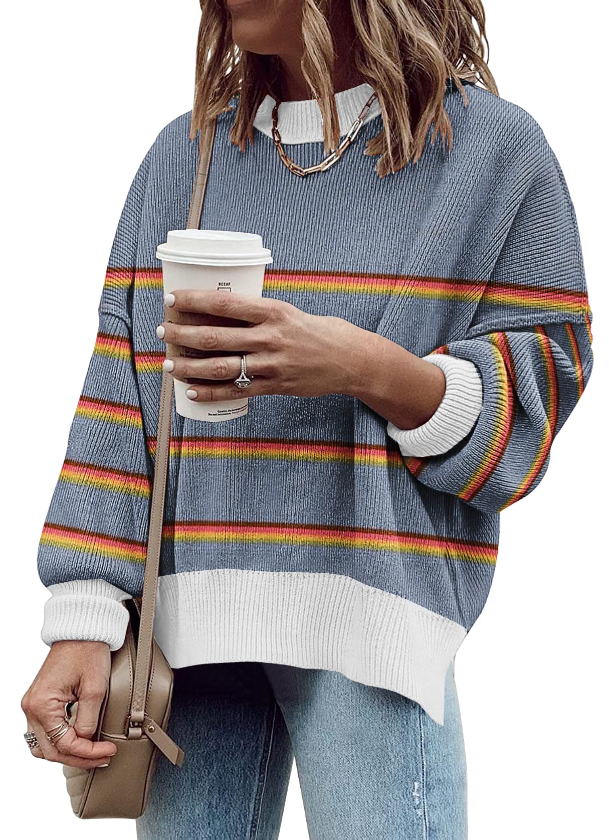 ETCYY Womens Oversized Sweaters Fall 2025 Fashion Clothes Trendy Batwing Sleeve Colorblock Striped Knit Pullover Tops