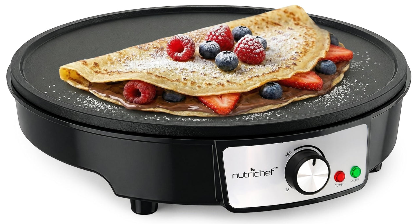 Nutrichef Electric Crepe Maker & Griddle Cooktop - Nonstick 12 Inch Aluminum Hot Plate with LED Indicator Lights & Adjustable Temperature Control - Wooden Spatula & Batter Spreader Included