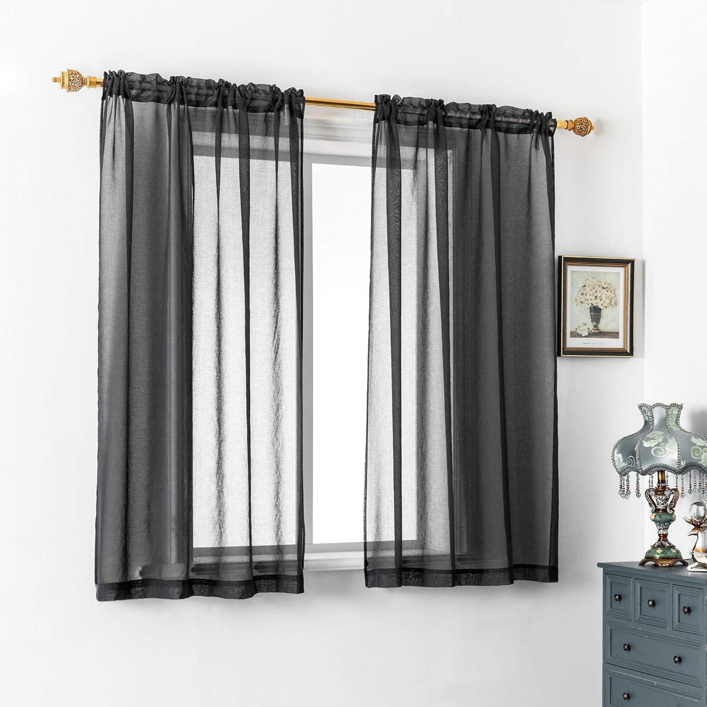 DUALIFE Black Sheer Curtains 72 Inch Length, Set of 2 Panels Rod Pocket Faux Linen Semi Translucent for Living Room
