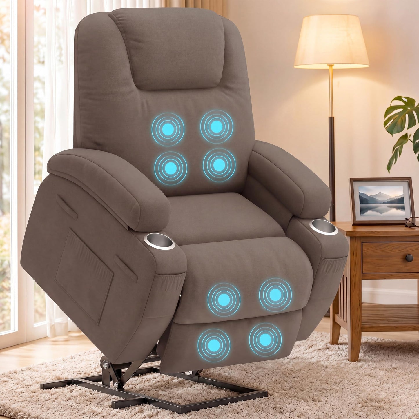 Flamaker Power Lift Chair Massage Recliner Chairs for Elderly - Ergonomic Design with Cup Holders & Side Pockets, Remote Control (Dark Brown)