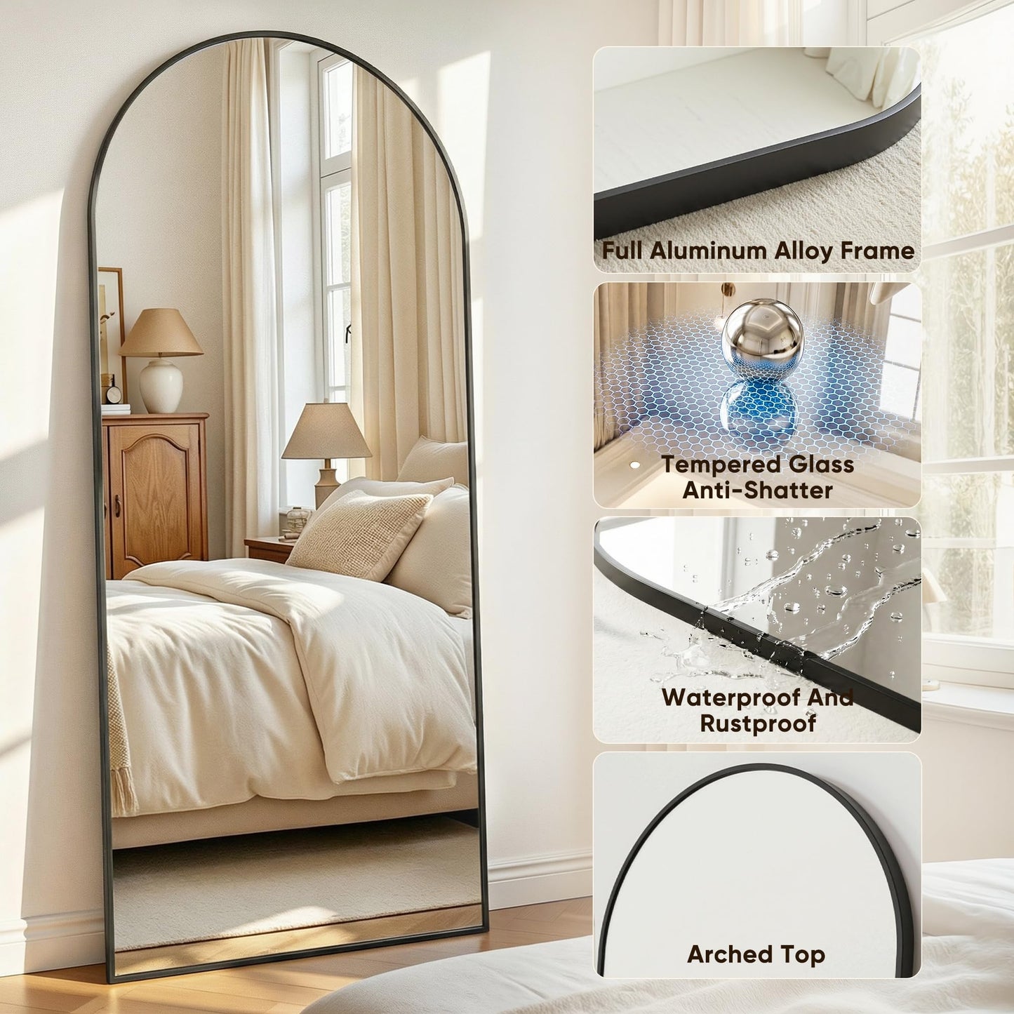 Antok Full Length Mirror, 44"x82" Floor Mirror with Stand, Hanging Mounted Mirrors for Bedroom, Living Room, Cloakroom, Dining Rooms, Black, Arched